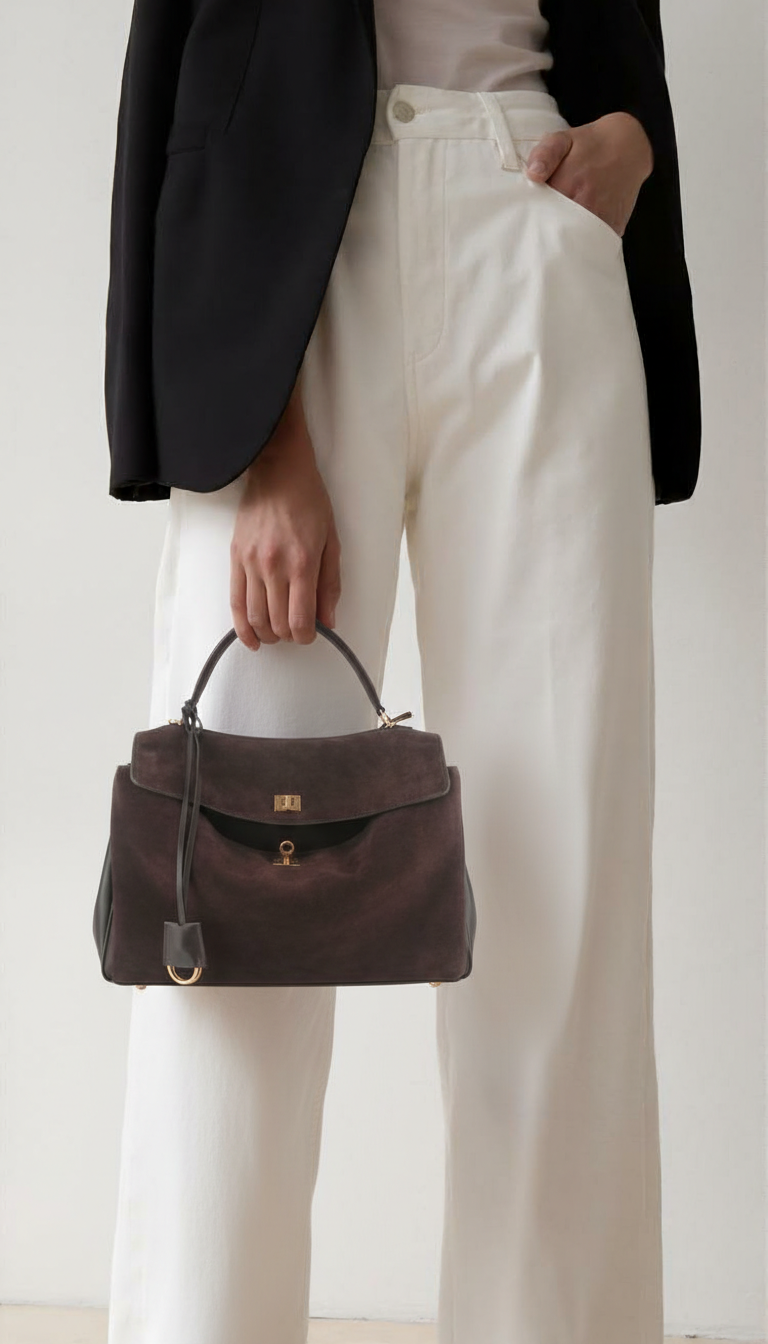 Shoulder Bag – Oval Shape, Lock Closure, Retro Style