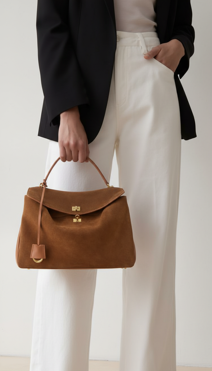 Shoulder Bag – Oval Shape, Lock Closure, Retro Style