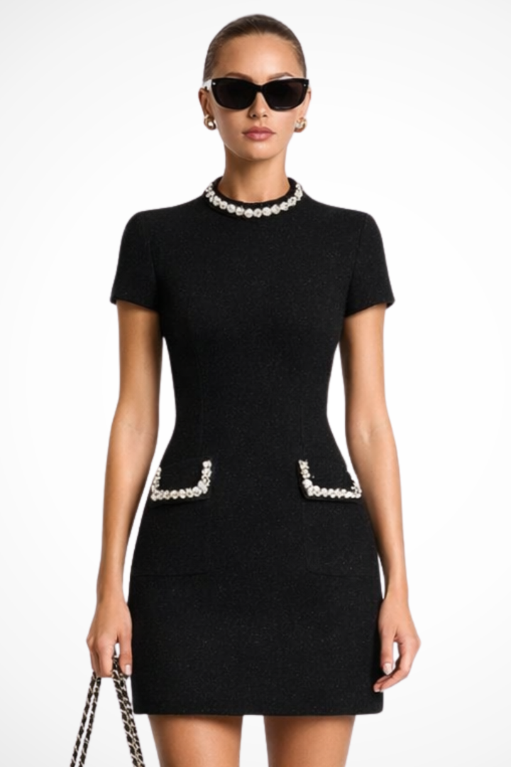 Arabella | Elegant Women's Wedding Guest Pearl Trim Mini-Dress