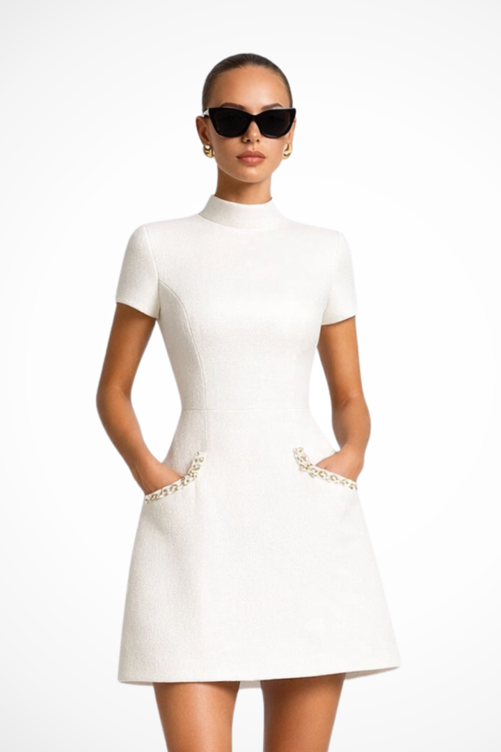 Arabella | Elegant Women's Wedding Guest Pearl Trim Mini-Dress
