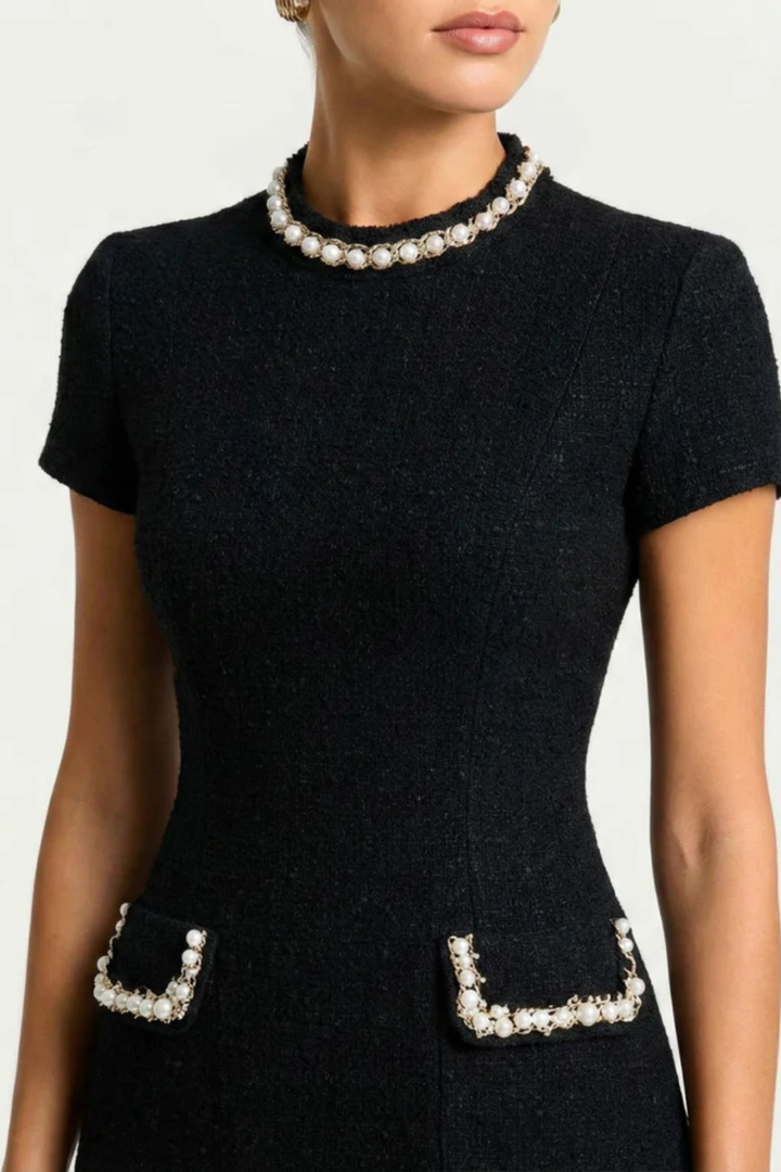 Arabella | Elegant Women's Wedding Guest Pearl Trim Mini-Dress