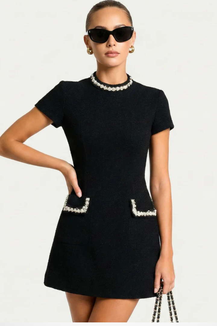 Arabella | Elegant Women's Wedding Guest Pearl Trim Mini-Dress