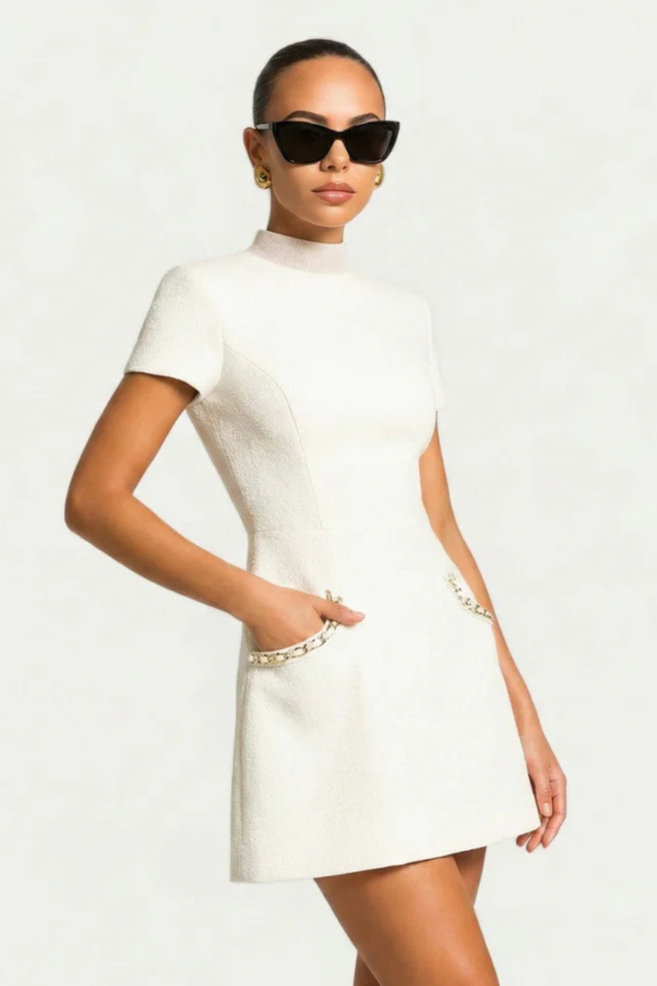 Arabella | Elegant Women's Wedding Guest Pearl Trim Mini-Dress