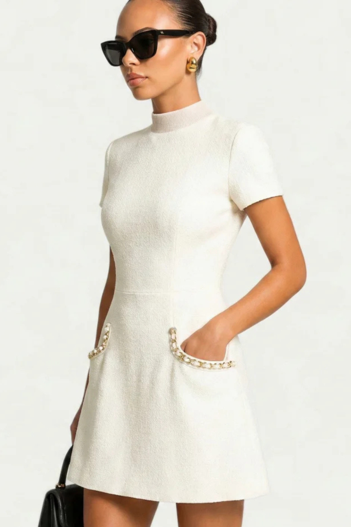 Arabella | Elegant Women's Wedding Guest Pearl Trim Mini-Dress