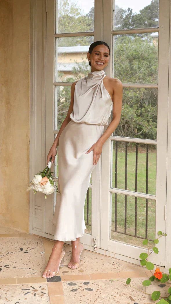 Dorothea | Women's Wedding Guest Halter Satin Midi Dress