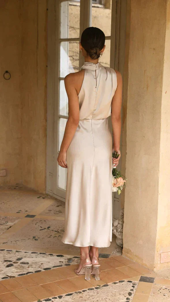 Dorothea | Women's Wedding Guest Halter Satin Midi Dress