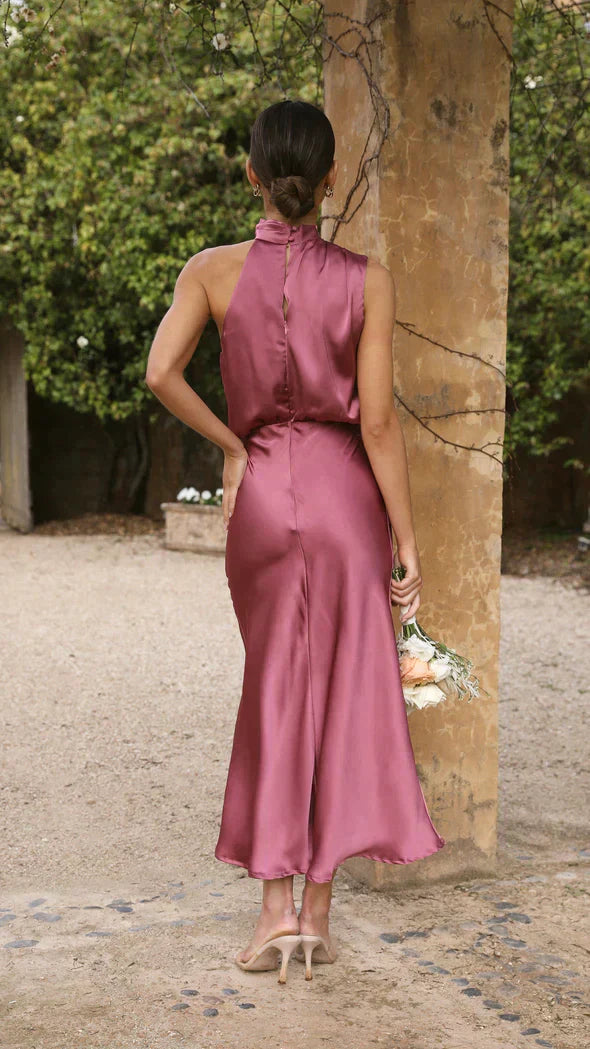 Dorothea | Women's Wedding Guest Halter Satin Midi Dress