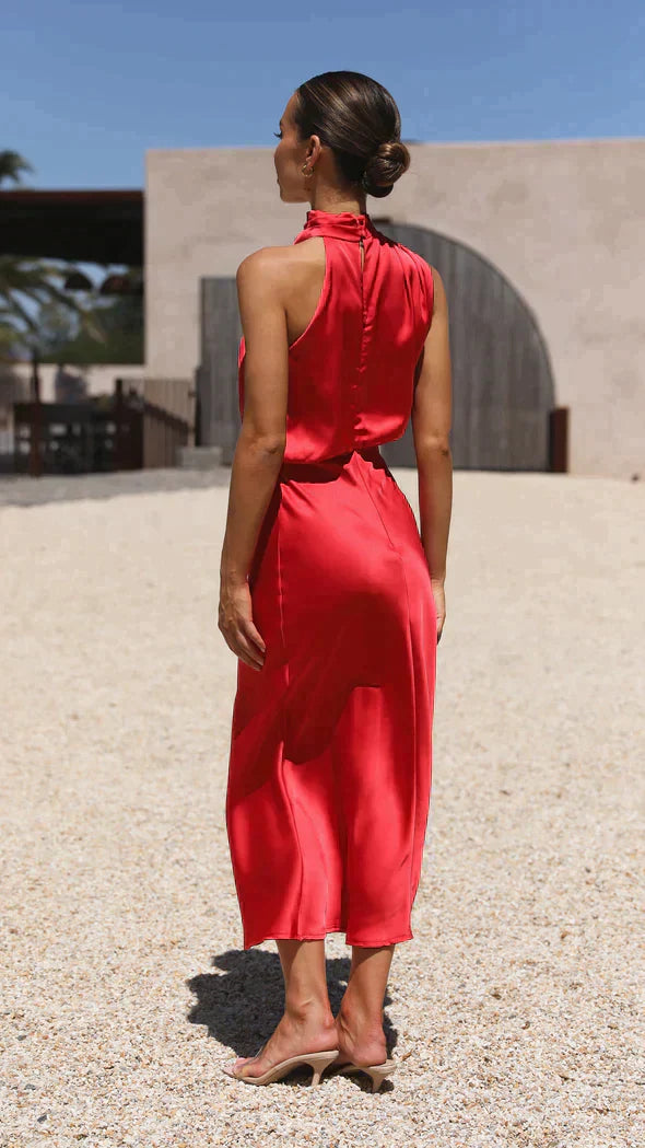 Dorothea | Women's Wedding Guest Halter Satin Midi Dress