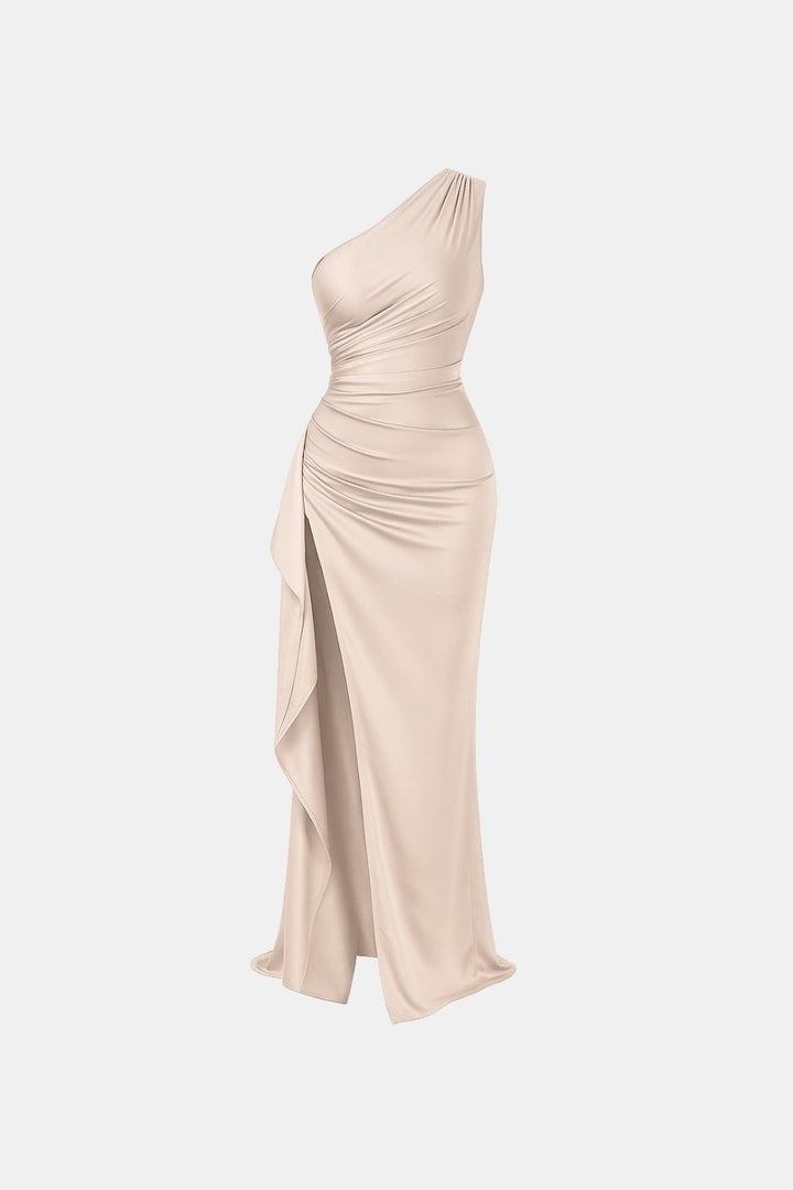 Elena | Women's One-Shoulder Maxi Cocktail Ruched Thigh Slit Gown