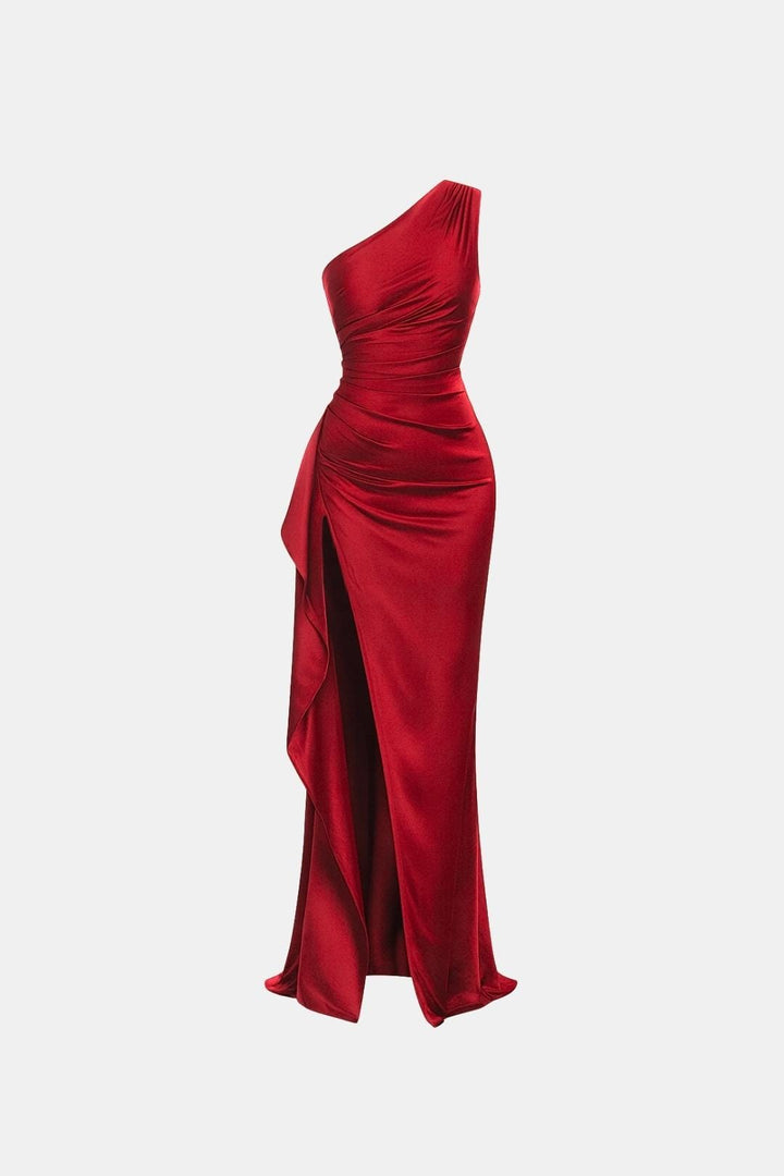 Elena | Women's One-Shoulder Maxi Cocktail Ruched Thigh Slit Gown