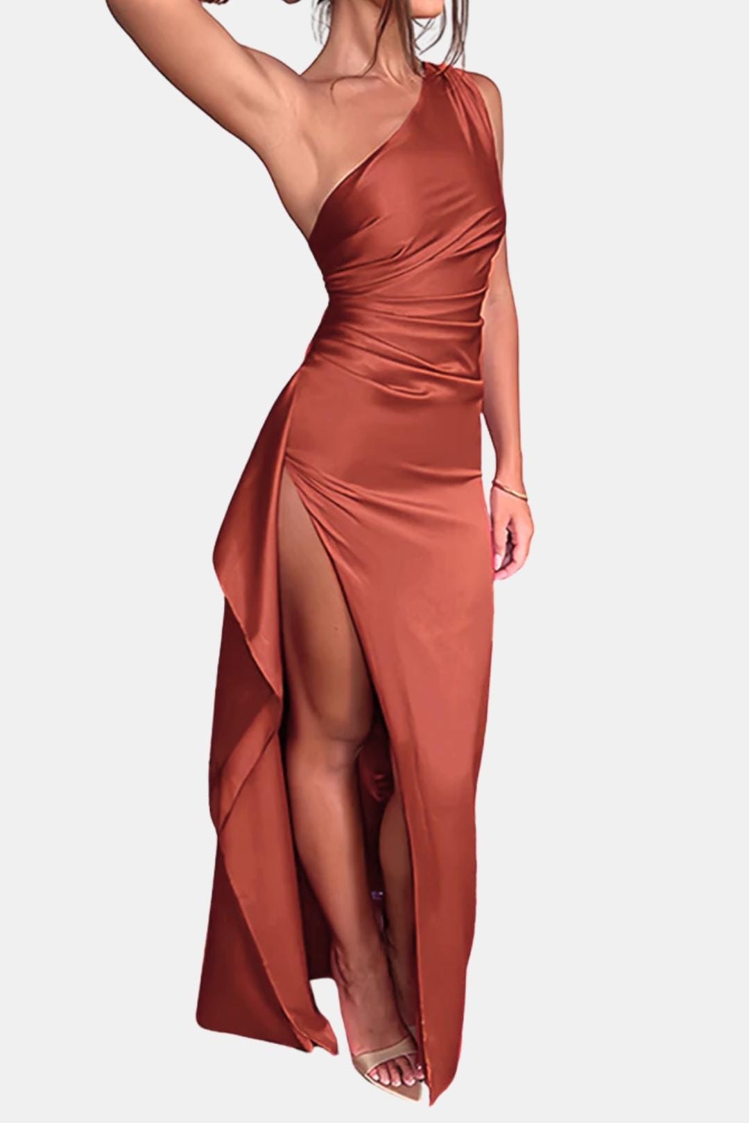 Elena | Women's One-Shoulder Maxi Cocktail Ruched Thigh Slit Gown