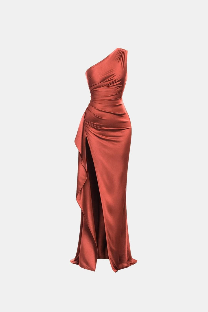 Elena | Women's One-Shoulder Maxi Cocktail Ruched Thigh Slit Gown