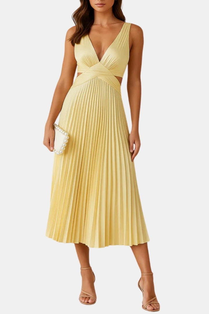 Elena | Women's Pleated V Neck Cocktail Midi Dress
