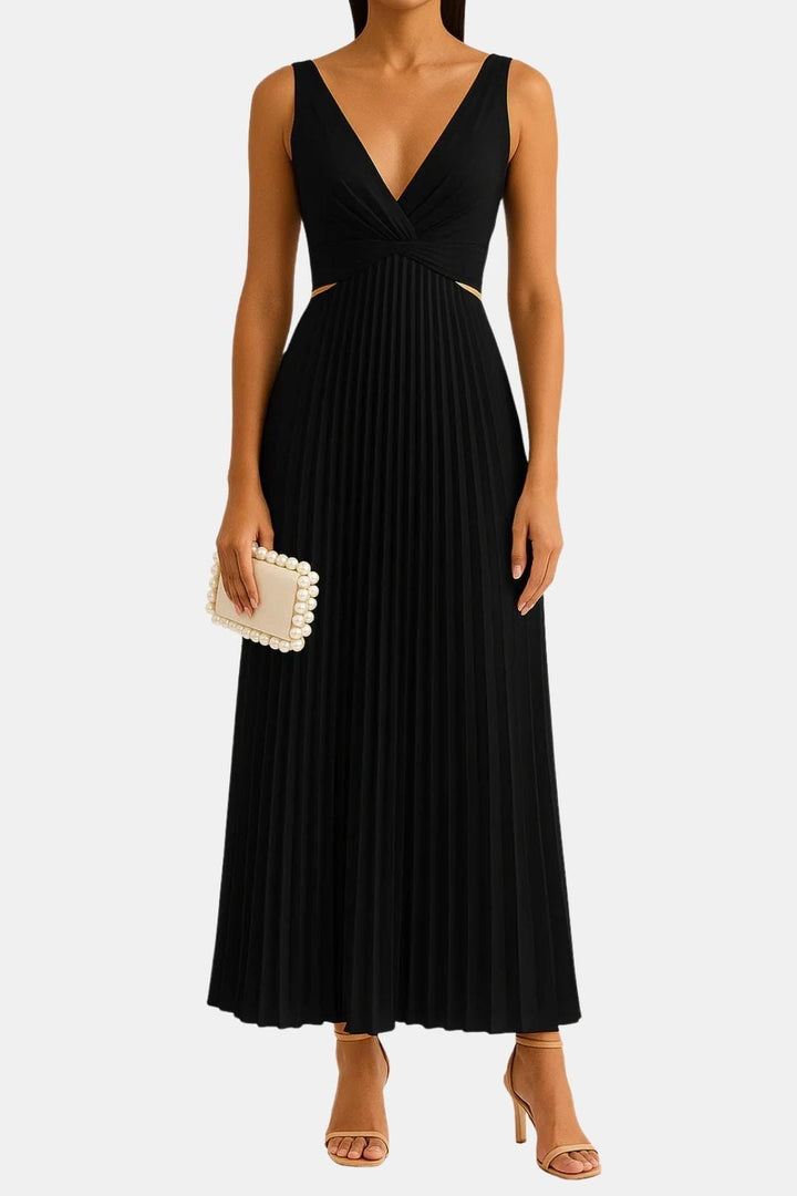 Elena | Women's Pleated V Neck Cocktail Midi Dress