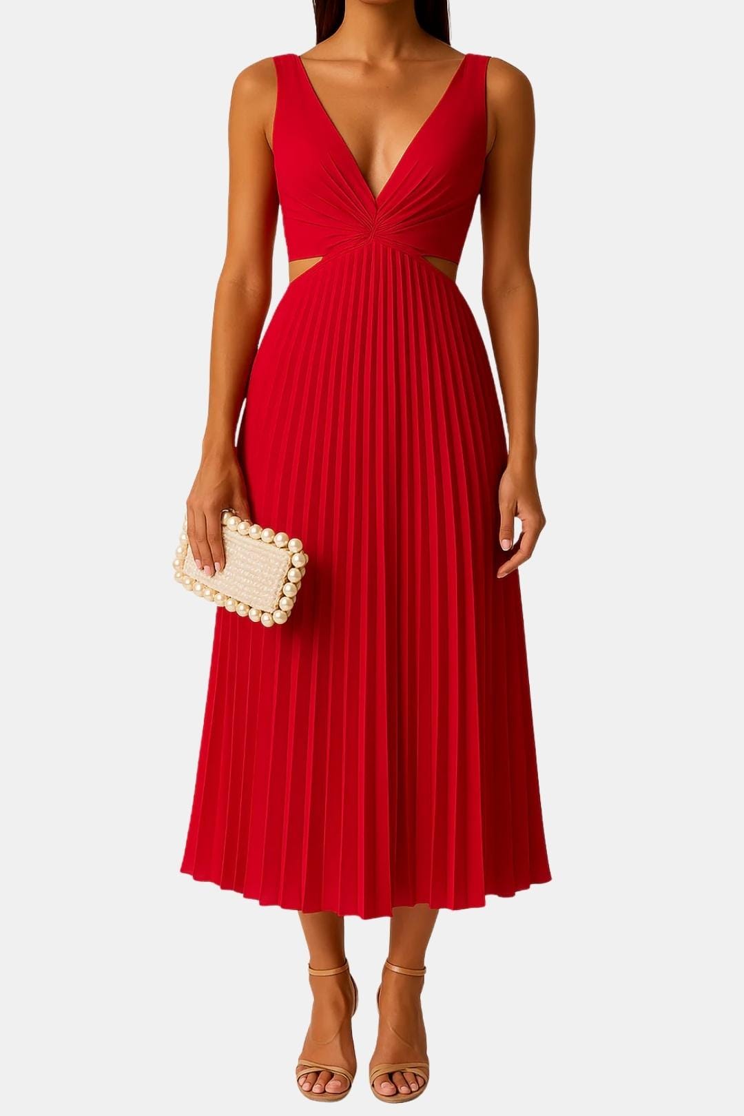 Elena | Women's Pleated V Neck Cocktail Midi Dress