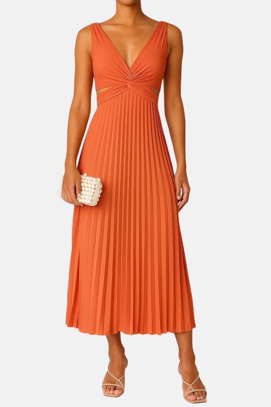 Elena | Women's Pleated V Neck Cocktail Midi Dress