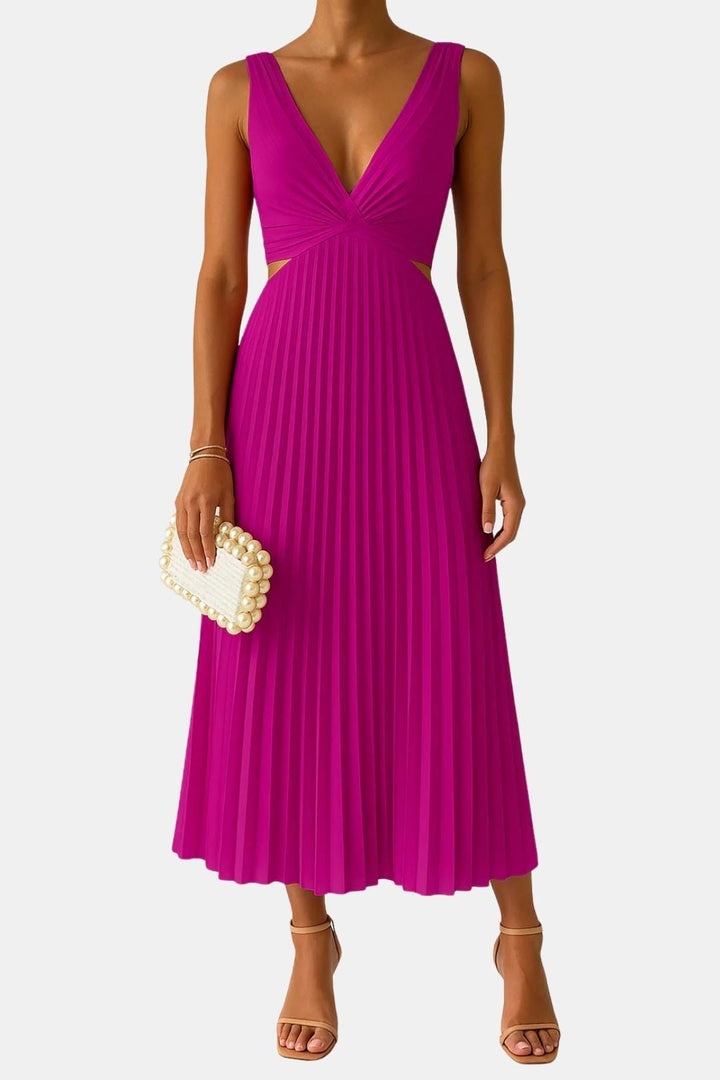 Elena | Women's Pleated V Neck Cocktail Midi Dress