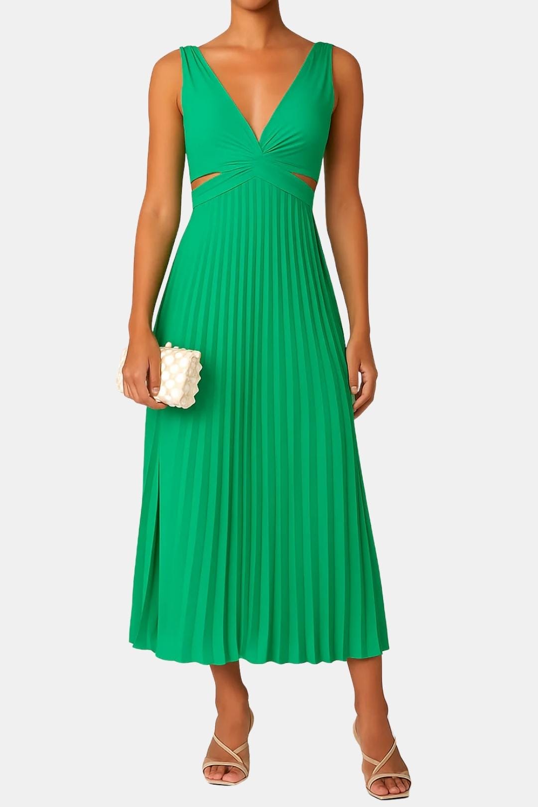 Elena | Women's Pleated V Neck Cocktail Midi Dress