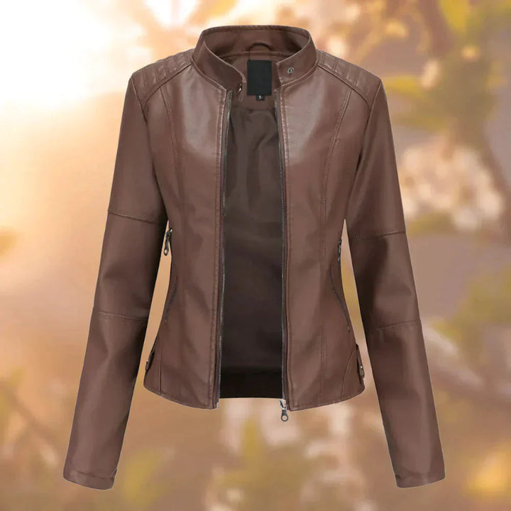 Elodie | Women's Stand Collar Zip-Up Fitted Leather Jacket