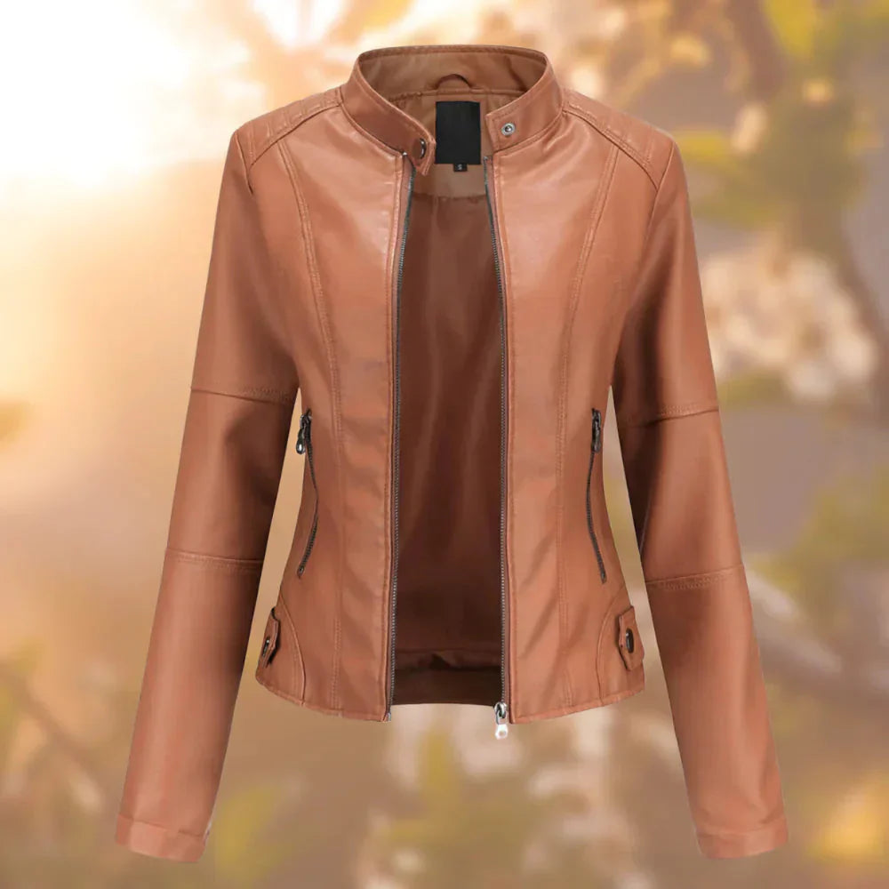 Elodie | Women's Stand Collar Zip-Up Fitted Leather Jacket