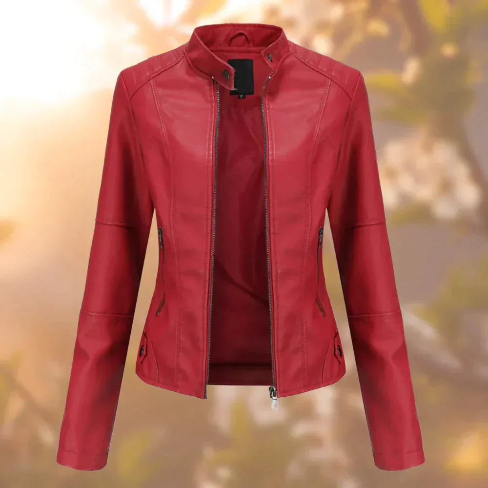 Elodie | Women's Stand Collar Zip-Up Fitted Leather Jacket