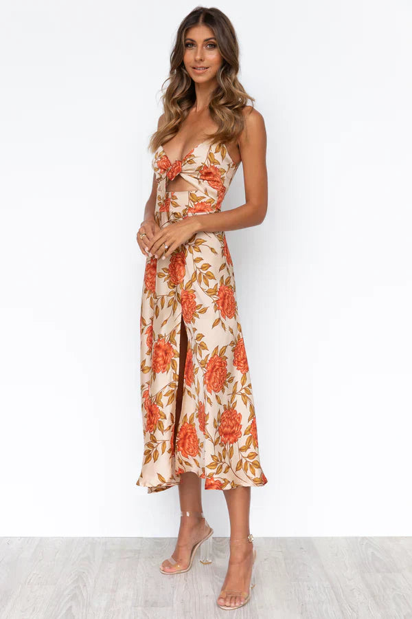 Emmeline | Women's Wedding Guest Floral Satin Cutout Midi Dress