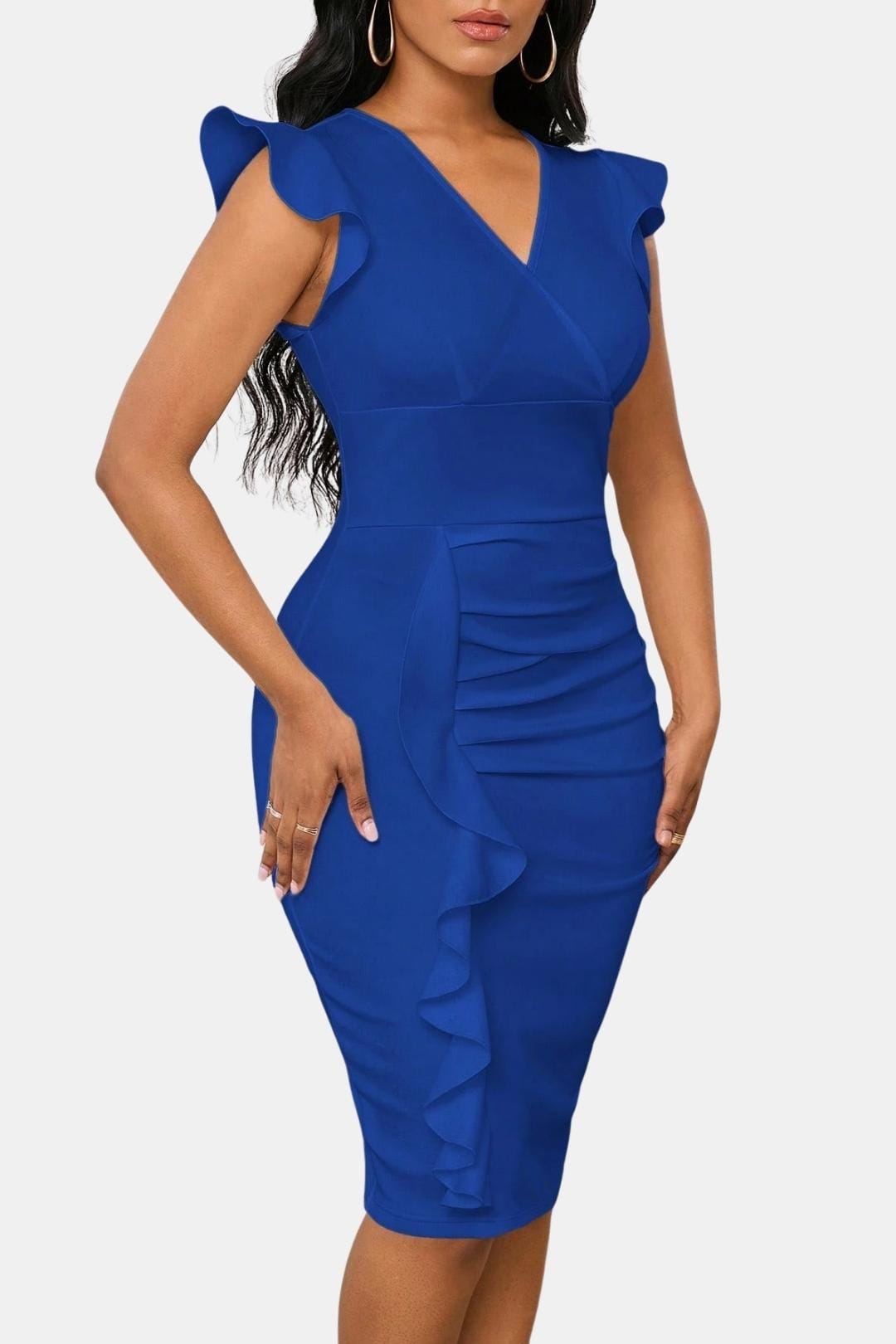 Evelina | Women's V Neck Frill Detail Cocktail Dress Fitted