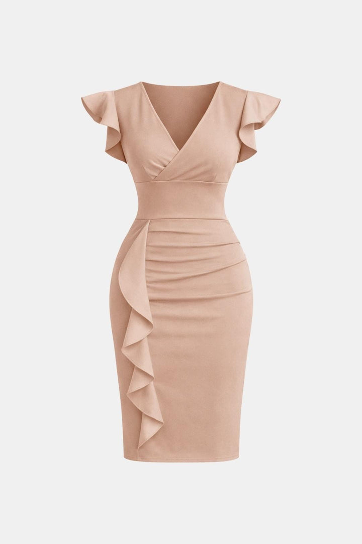 Evelina | Women's V Neck Frill Detail Cocktail Dress Fitted