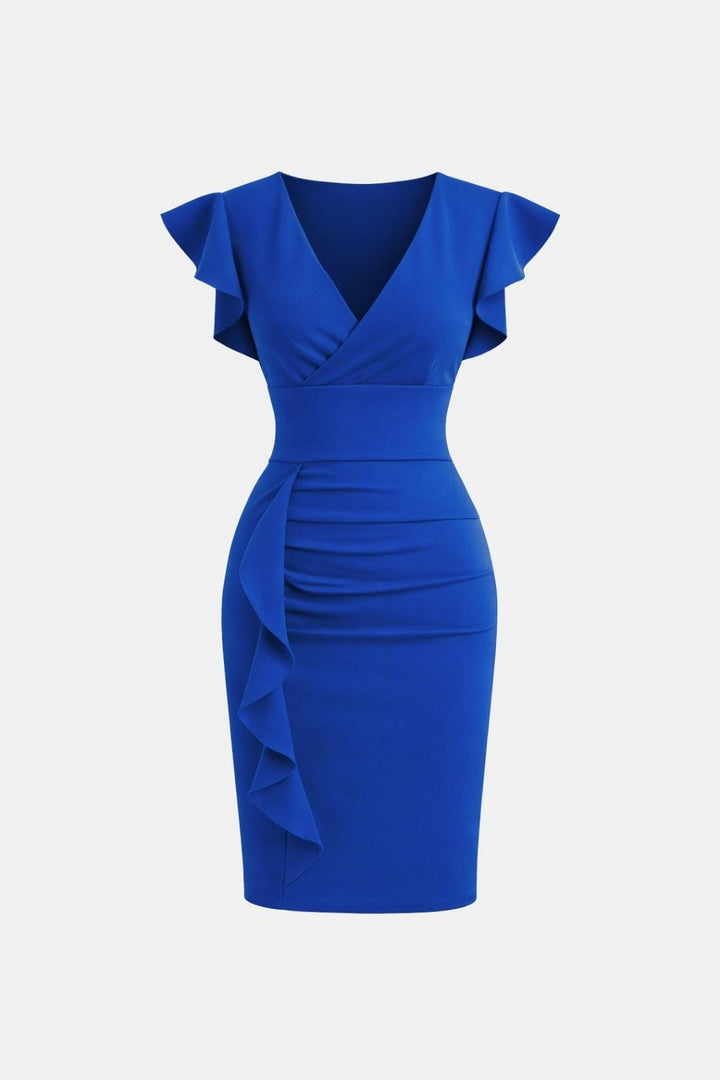 Evelina | Women's V Neck Frill Detail Cocktail Dress Fitted