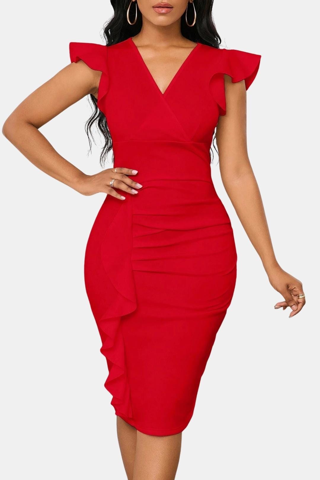 Evelina | Women's V Neck Frill Detail Cocktail Dress Fitted