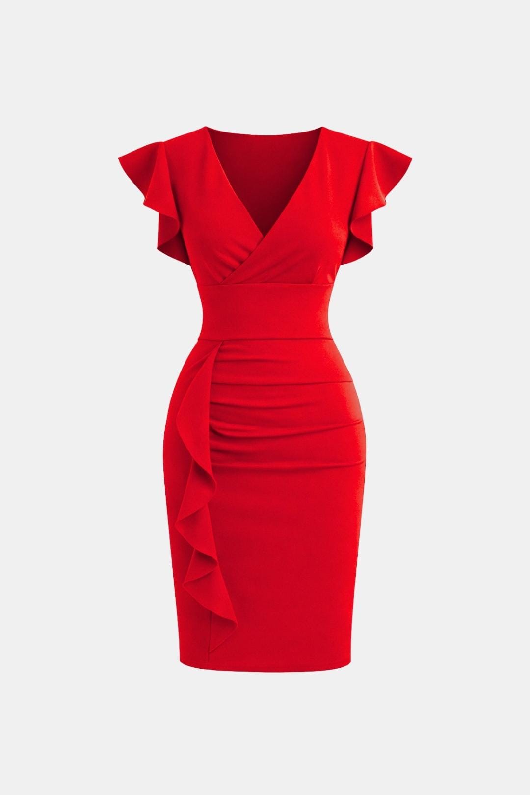 Evelina | Women's V Neck Frill Detail Cocktail Dress Fitted