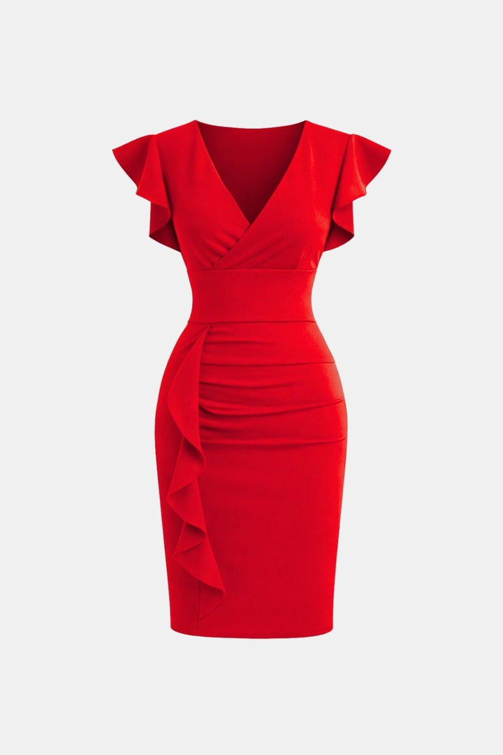Evelina | Women's V Neck Frill Detail Cocktail Dress Fitted