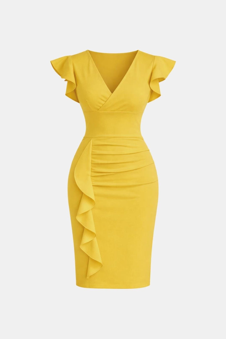 Evelina | Women's V Neck Frill Detail Cocktail Dress Fitted
