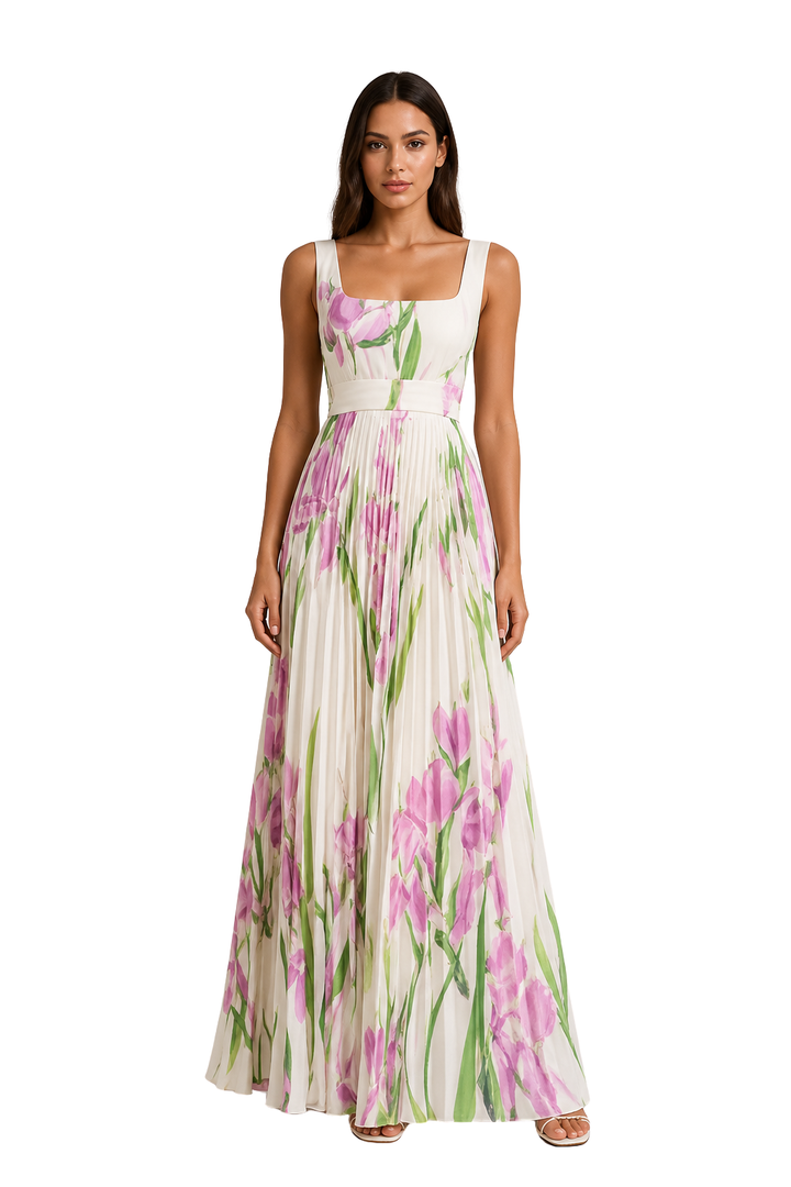 Evelyn | Women's Wedding Guest Floral Pleated Maxi-Dress