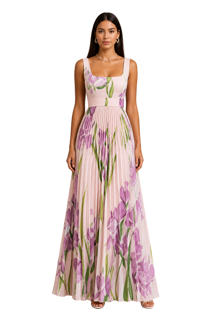 Evelyn | Women's Wedding Guest Floral Pleated Maxi-Dress