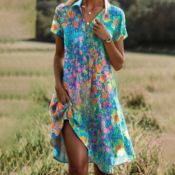 Florence | Women's Floral Collared Short Sleeve Midi Shirt Dress