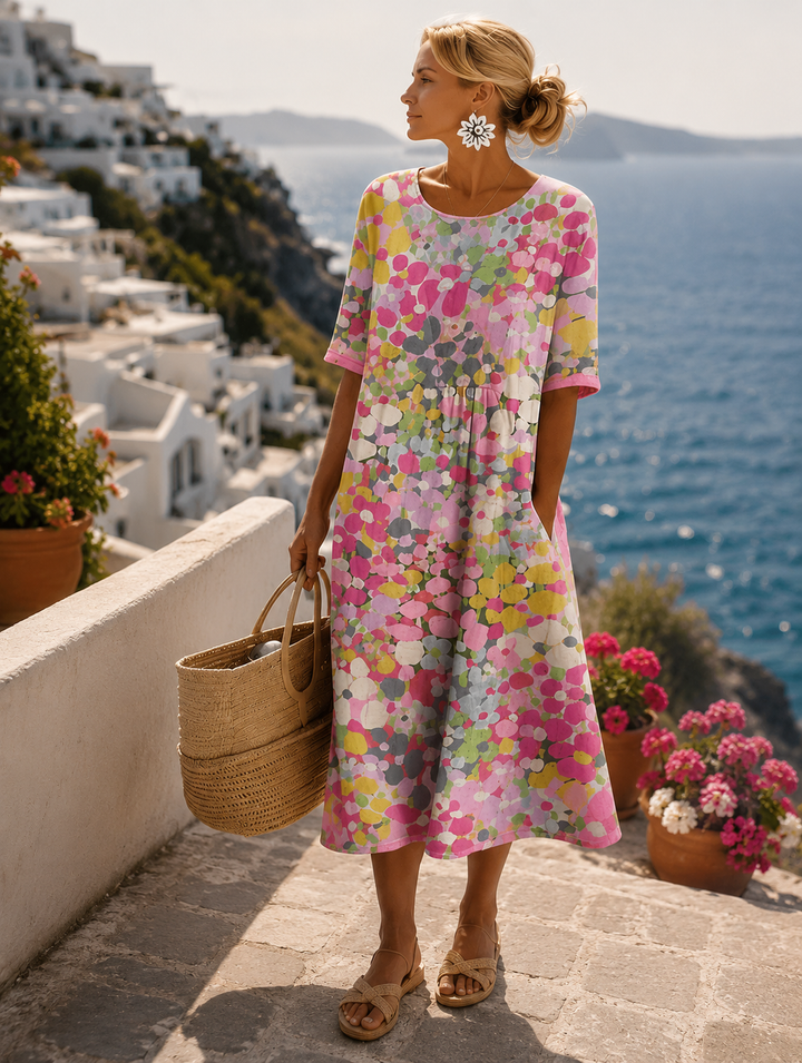 Florence | Women's Floral Round Neck Short Sleeve Midi Dress