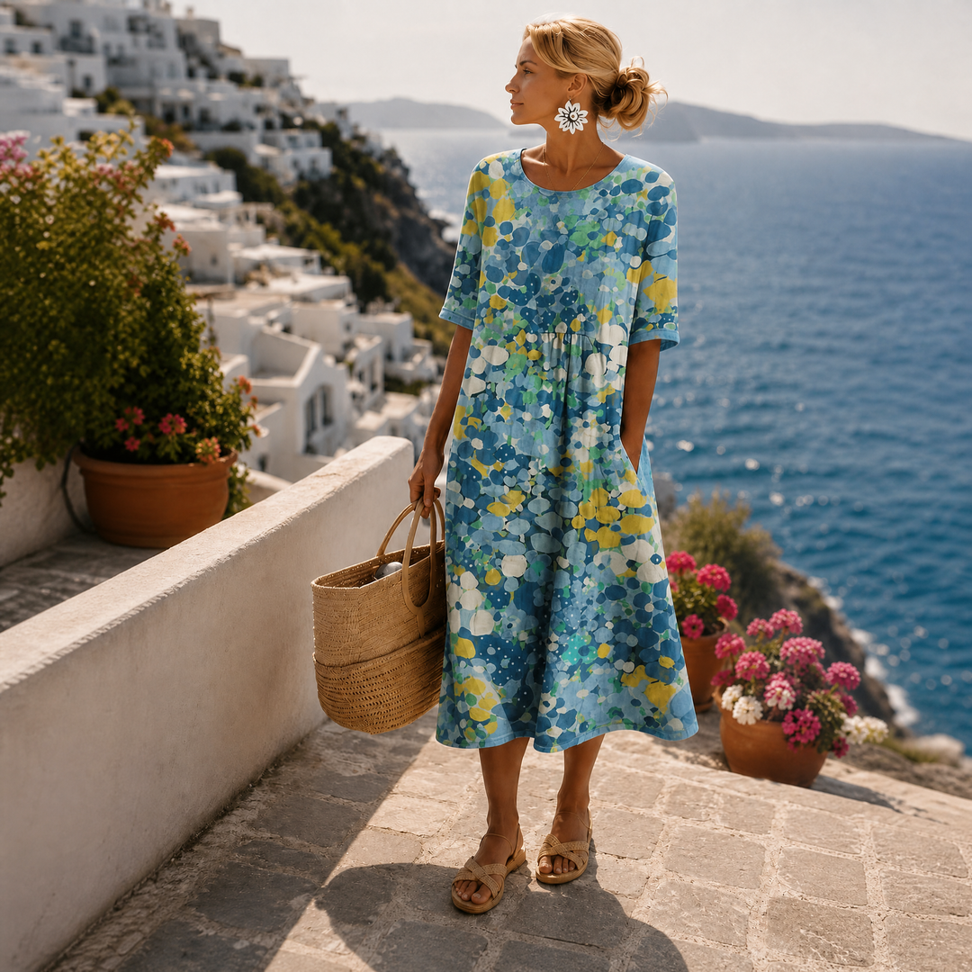 Florence | Women's Floral Round Neck Short Sleeve Midi Dress