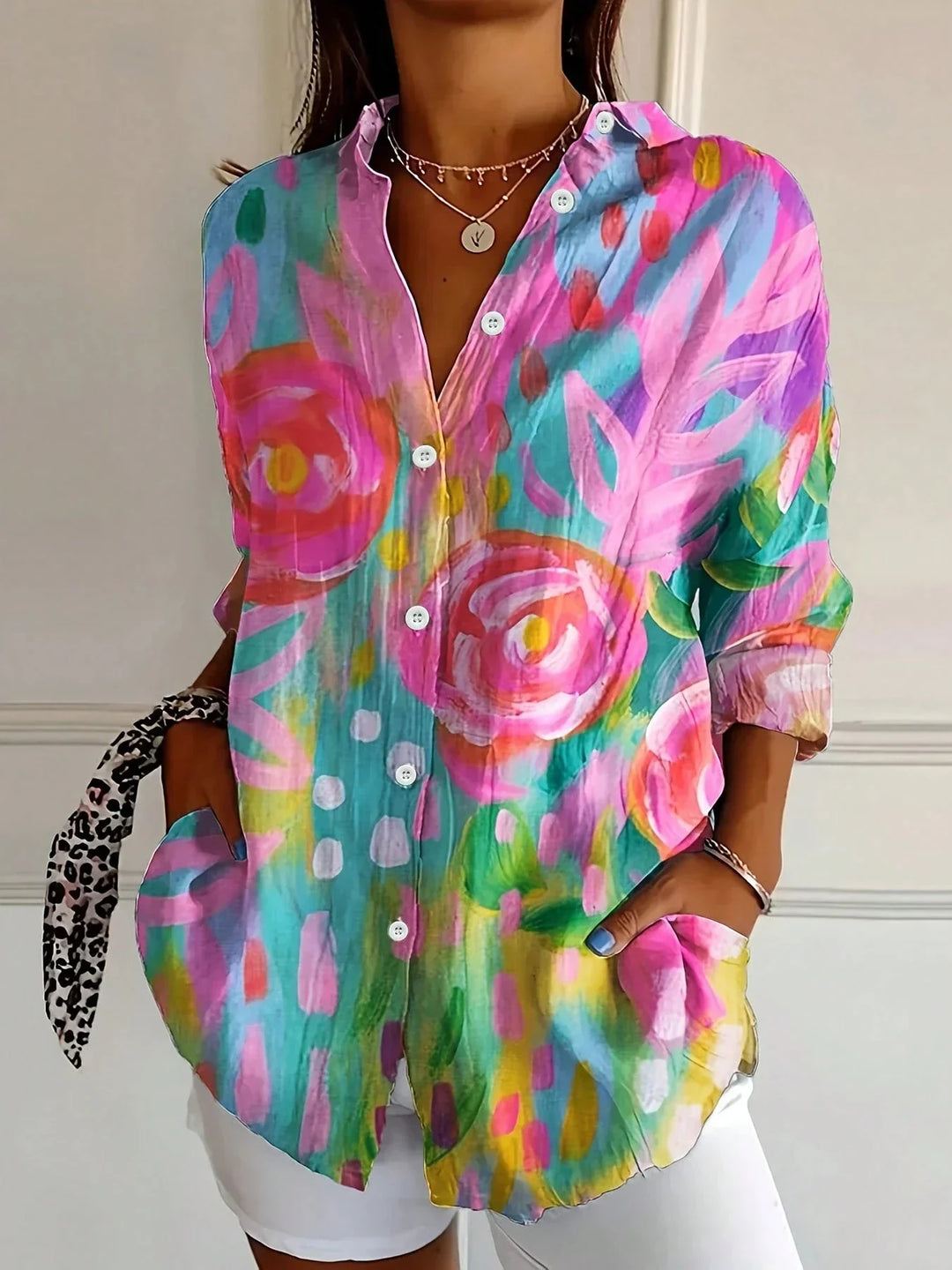 Florence | Women's Oversized Printed Collared Long Sleeve Blouse