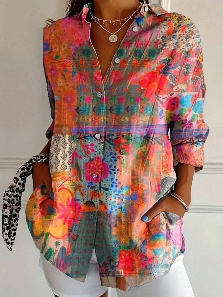 Florence | Women's Oversized Printed Collared Long Sleeve Blouse