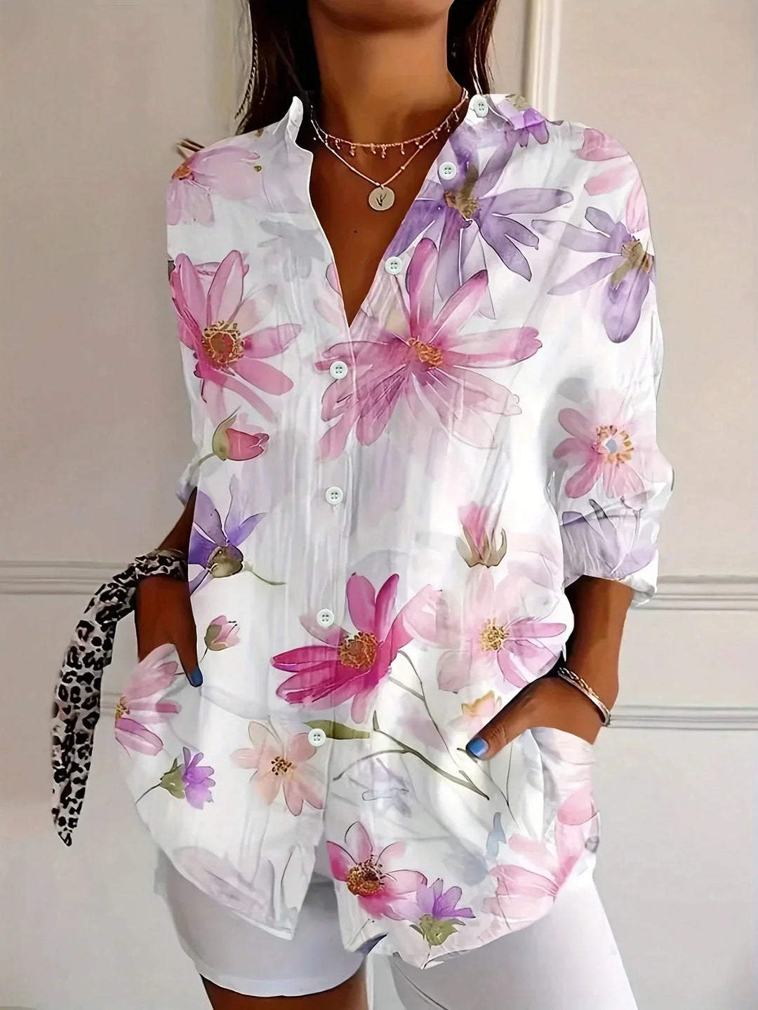 Florence | Women's Oversized Printed Collared Long Sleeve Blouse
