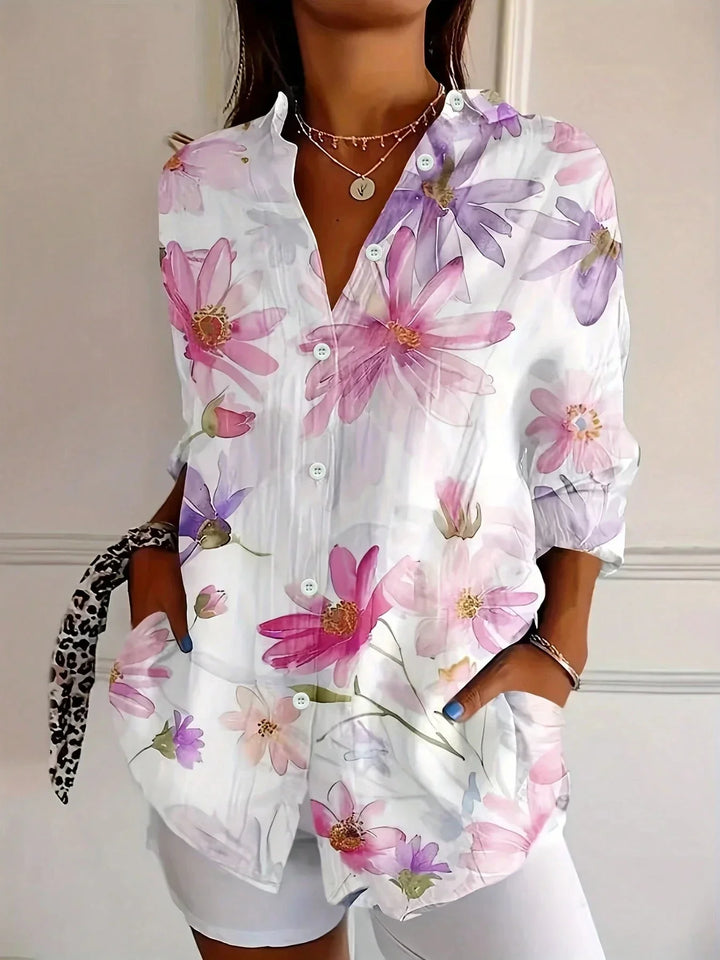 Florence | Women's Oversized Printed Collared Long Sleeve Blouse