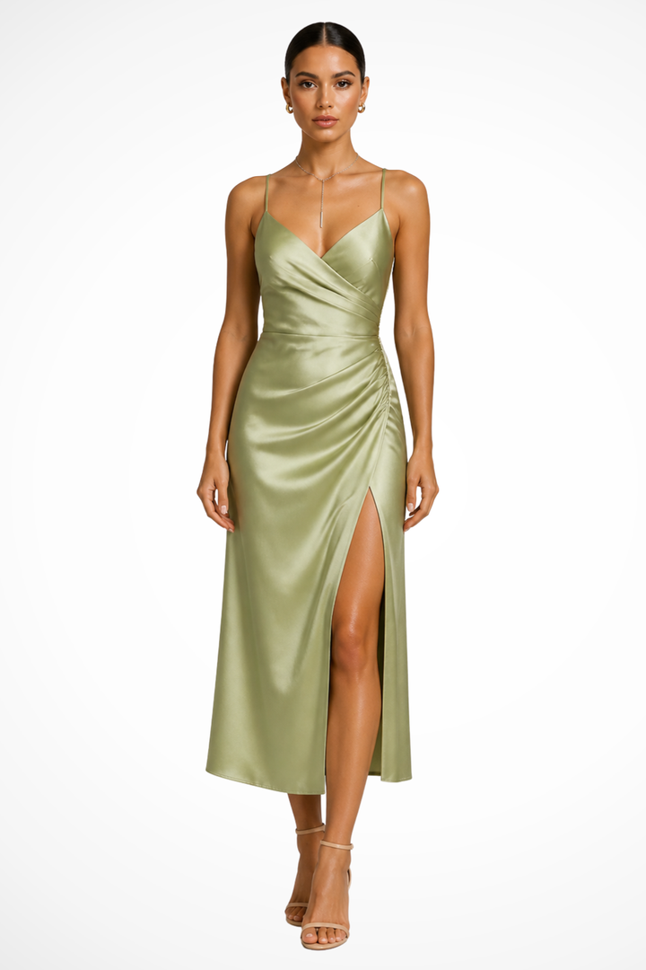 Genevieve | Luxurious Women's Wedding Guest Satin Wrap Maxi-Dress