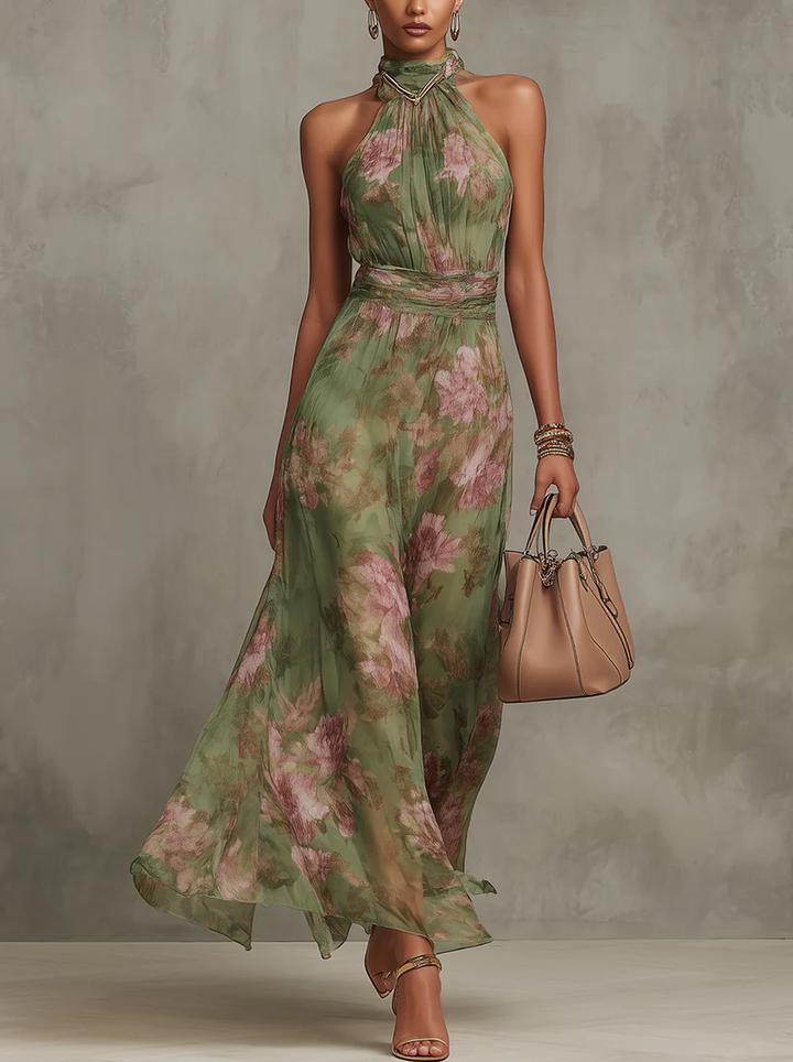 Genevieve | Women's Floral Halter Neck Tie Waist Maxi Dress