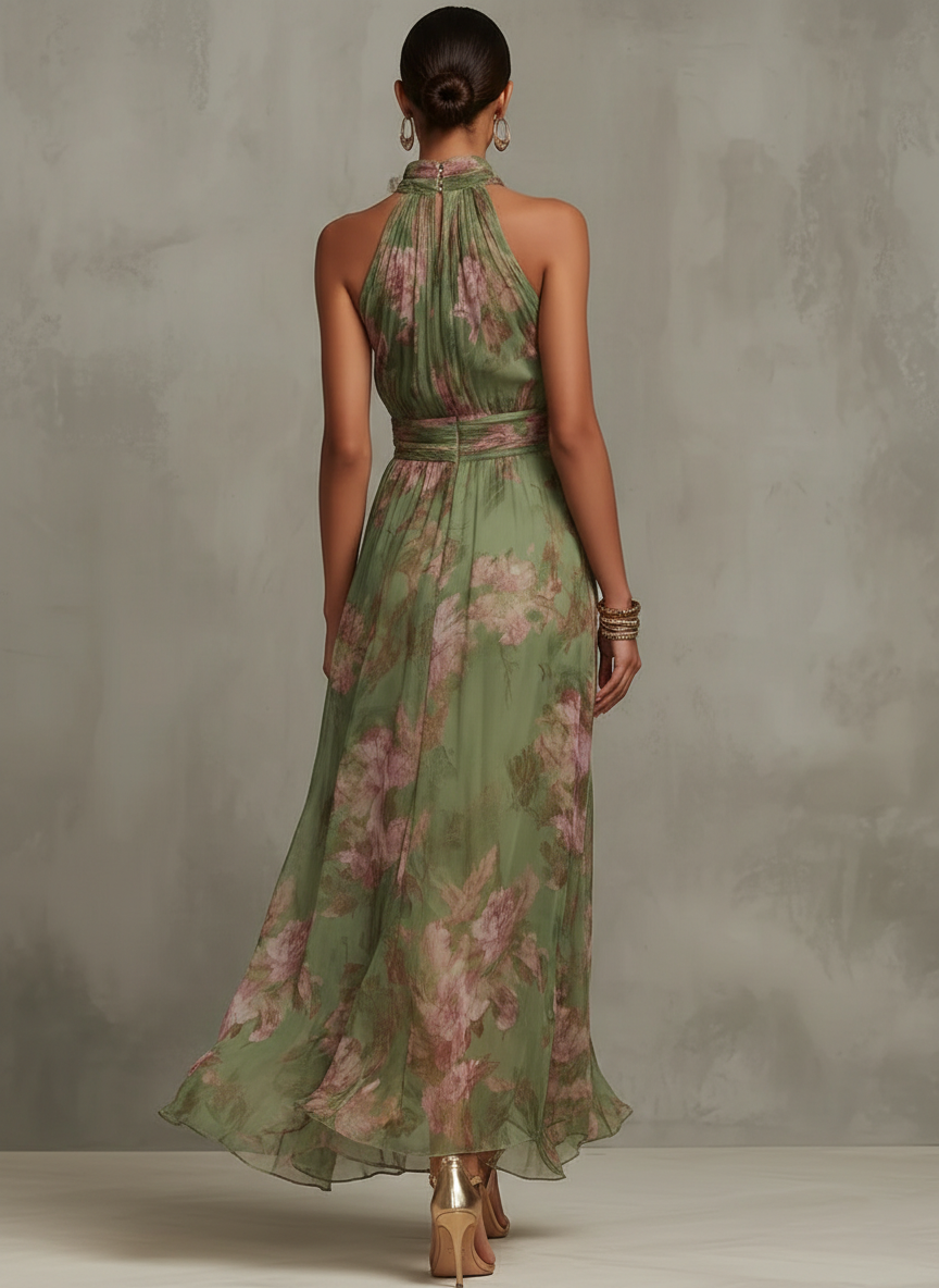 Genevieve | Women's Floral Halter Neck Tie Waist Maxi Dress