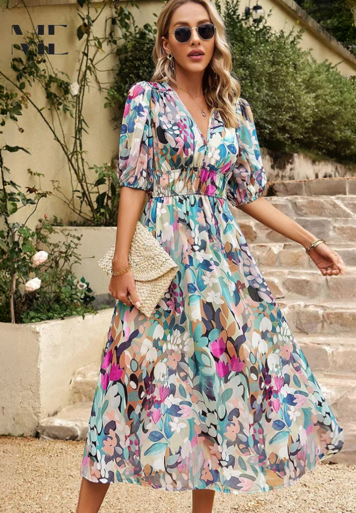 Henrietta | Women's Wedding Guest V Neck Floral Midi Dress