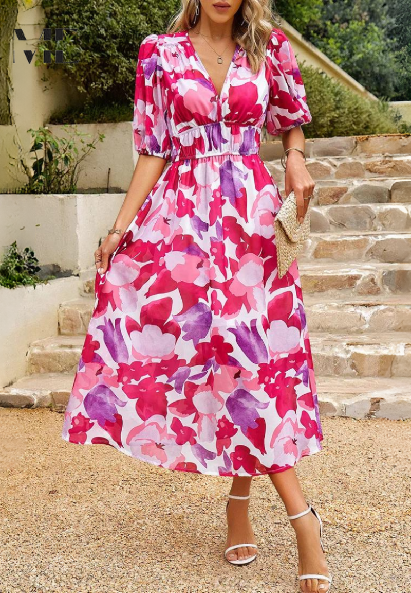 Henrietta | Women's Wedding Guest V Neck Floral Midi Dress