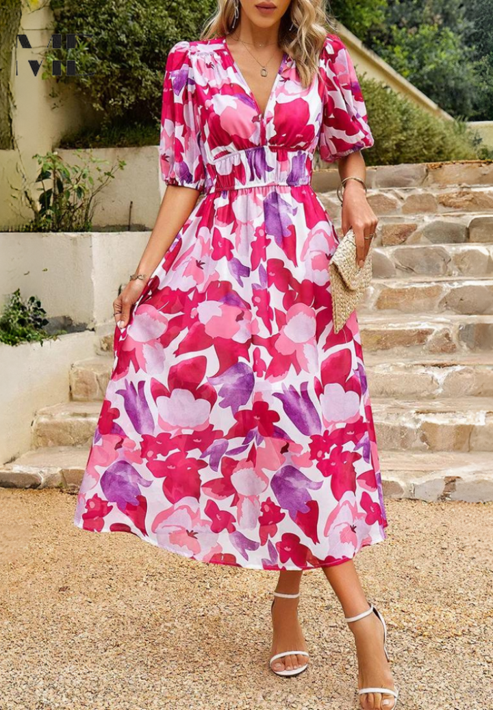 Henrietta | Women's Wedding Guest V Neck Floral Midi Dress