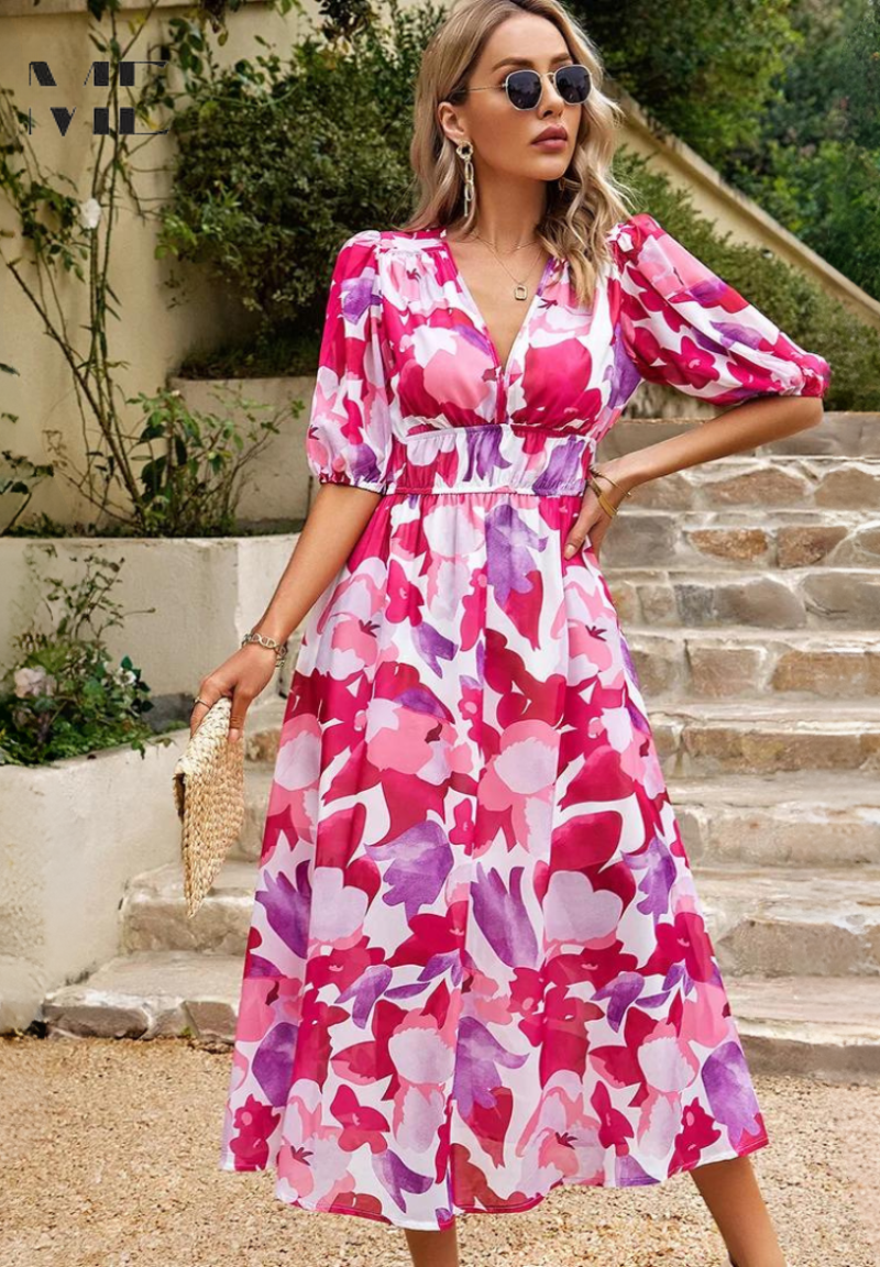 Henrietta | Women's Wedding Guest V Neck Floral Midi Dress