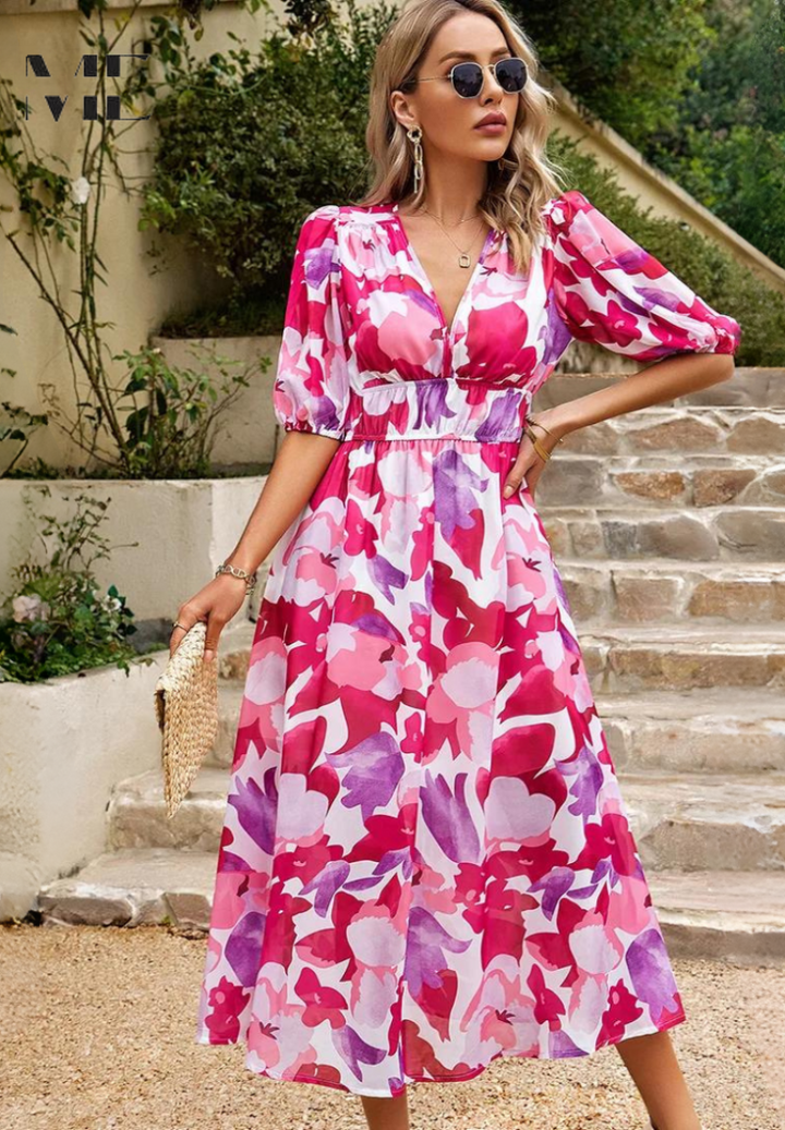 Henrietta | Women's Wedding Guest V Neck Floral Midi Dress